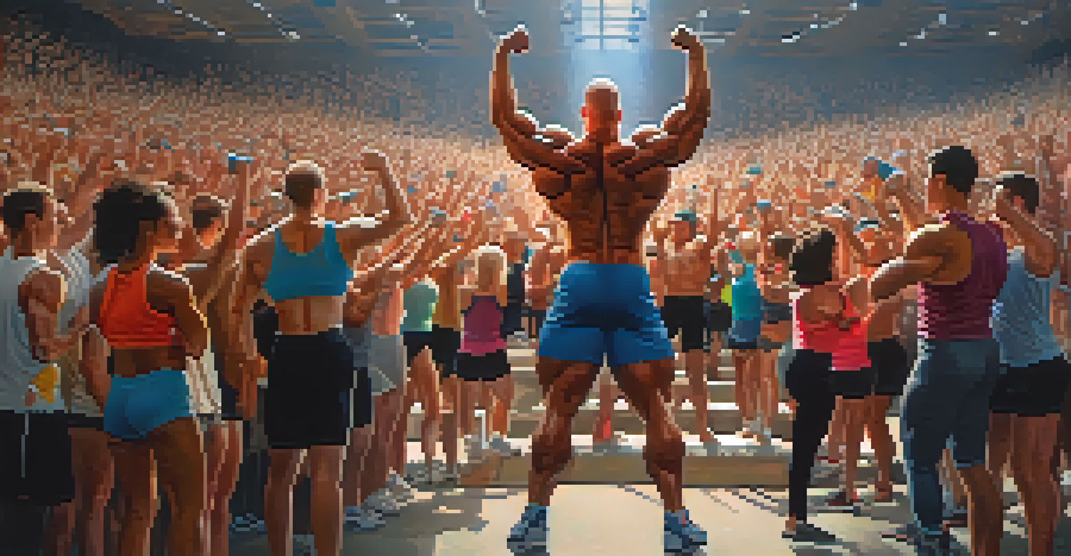 A bodybuilder demonstrating a strength exercise at a charity workout, surrounded by cheering participants.