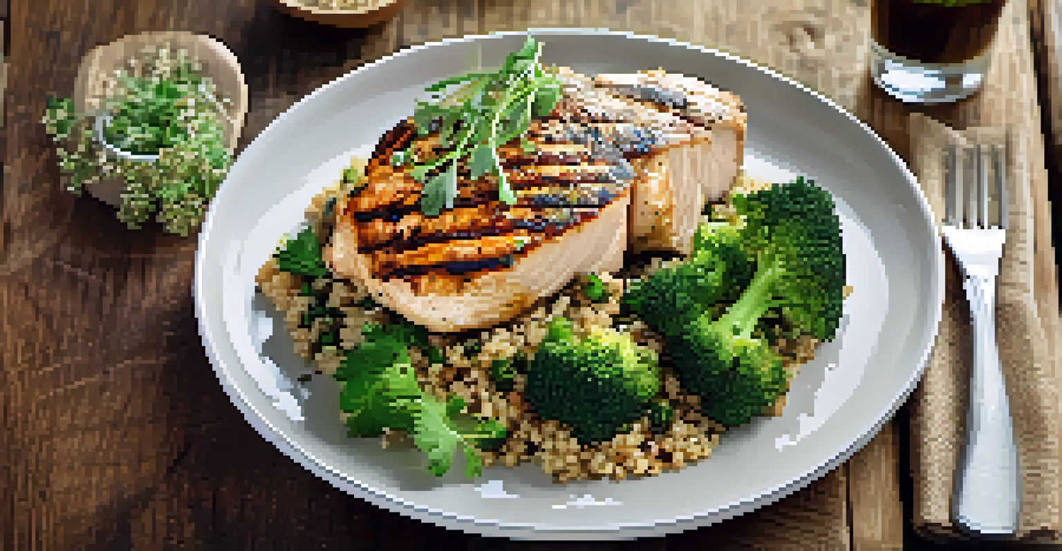 A close-up view of a plate with grilled chicken breast, quinoa, and steamed broccoli arranged beautifully with herbs, on a rustic table.