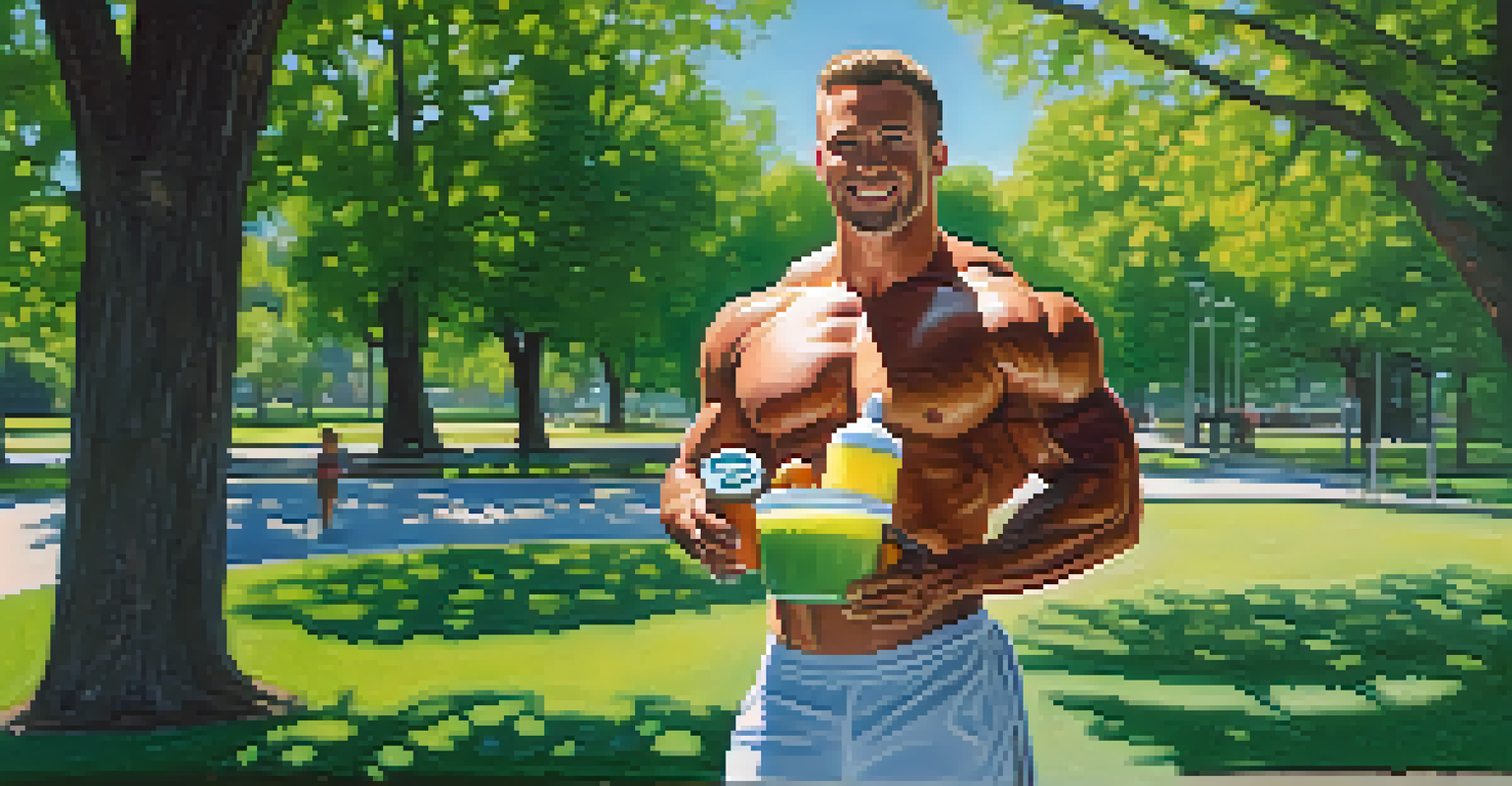 A bodybuilder enjoying a protein shake and salad in a sunny park, representing a balanced lifestyle.