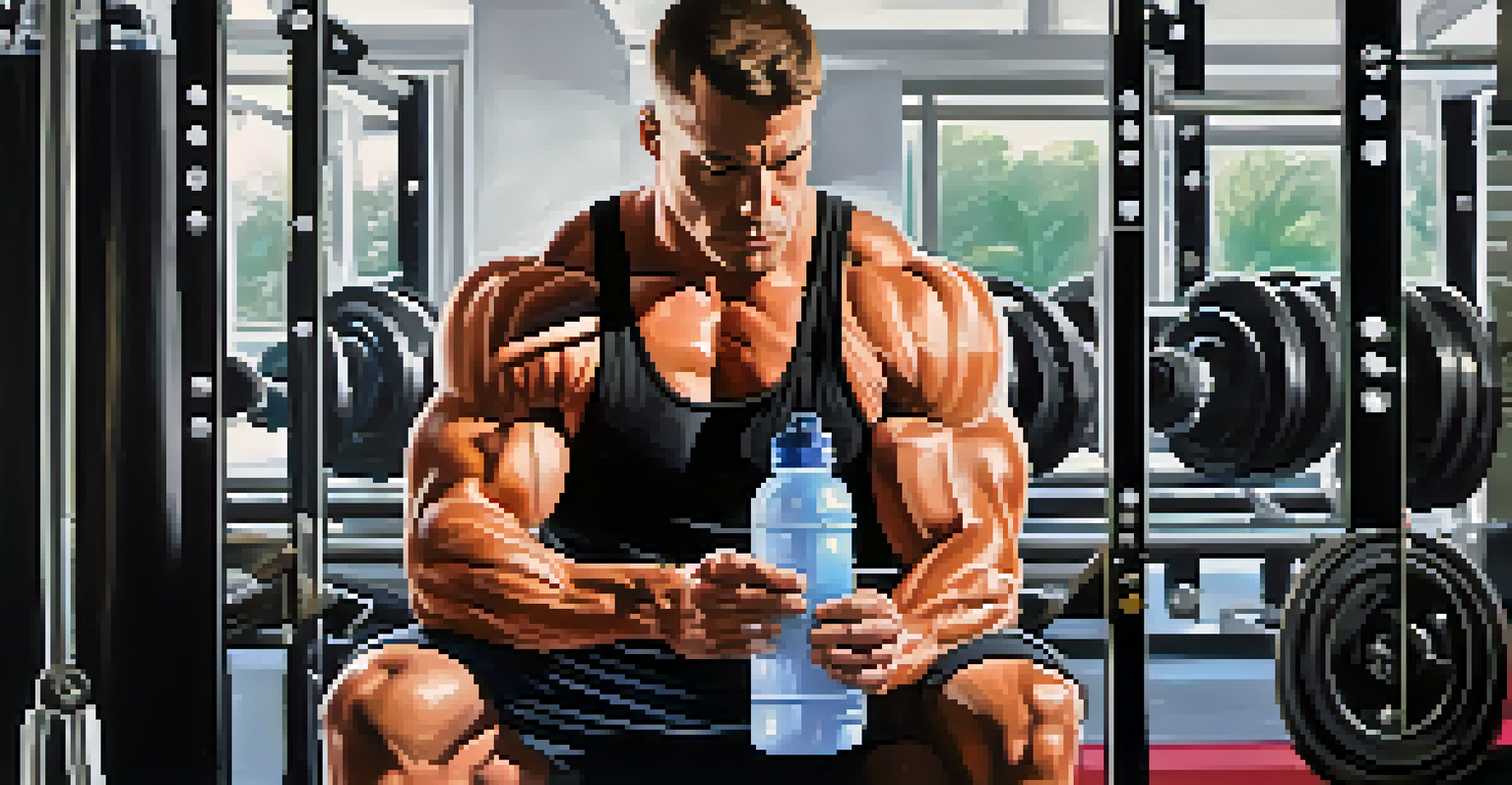 A bodybuilder checking his hydration status before a workout in a gym.