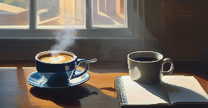 A steaming cup of coffee on a wooden table with sunlight casting shadows, and a notepad with workout notes in the background.