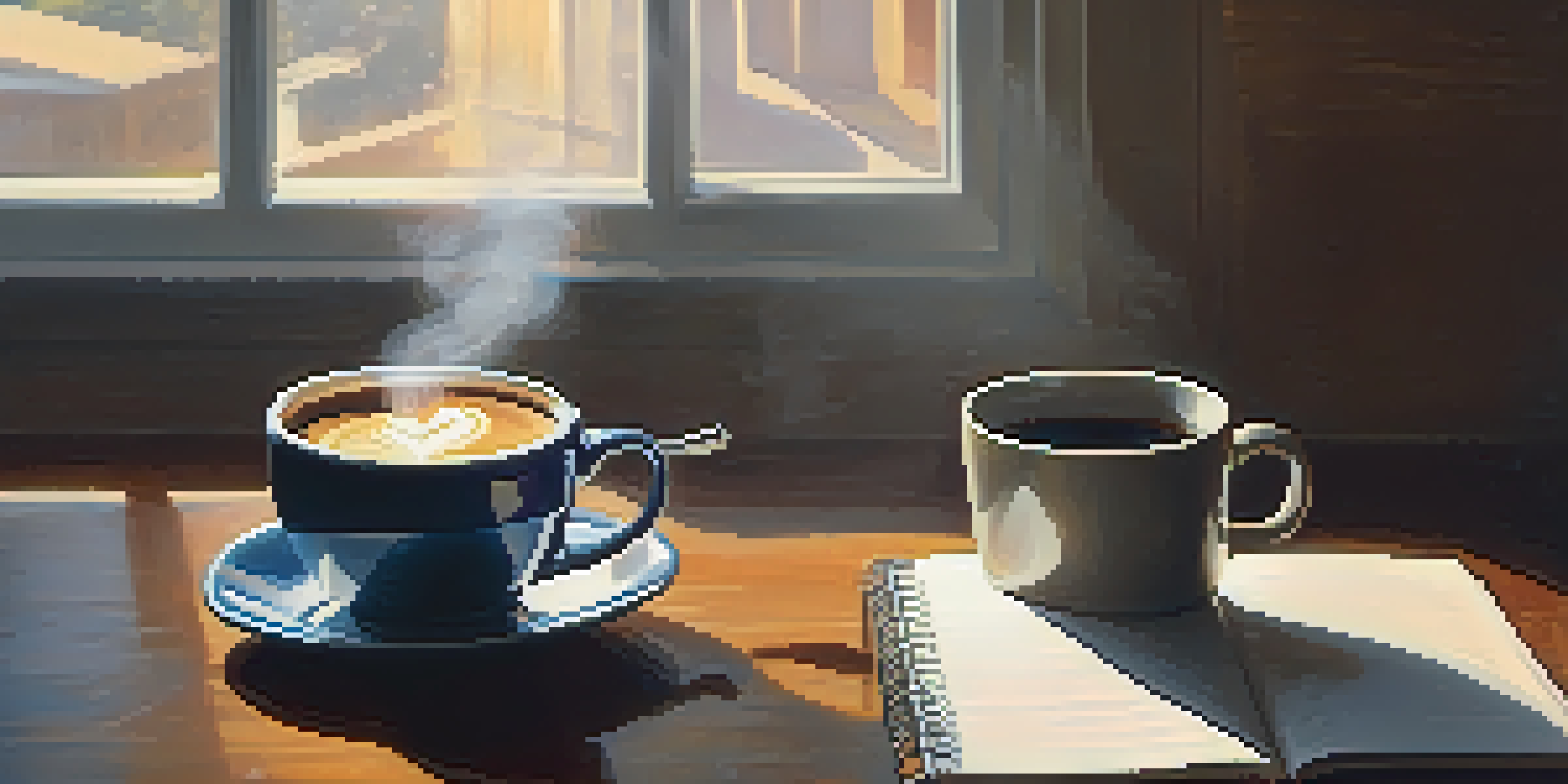 A steaming cup of coffee on a wooden table with sunlight casting shadows, and a notepad with workout notes in the background.
