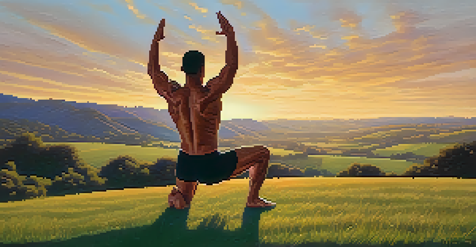 A bodybuilder practicing yoga outdoors at sunset, surrounded by hills and a colorful sky.