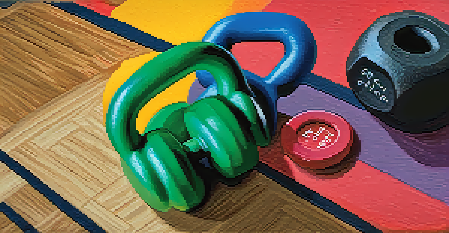 Close-up of hands holding kettlebells and dumbbells on a gym floor.