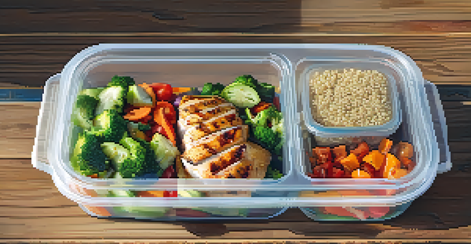 A close-up view of a meal prep container with grilled chicken, quinoa, and colorful vegetables on a wooden table, alongside a smartphone displaying a nutrition tracking app.