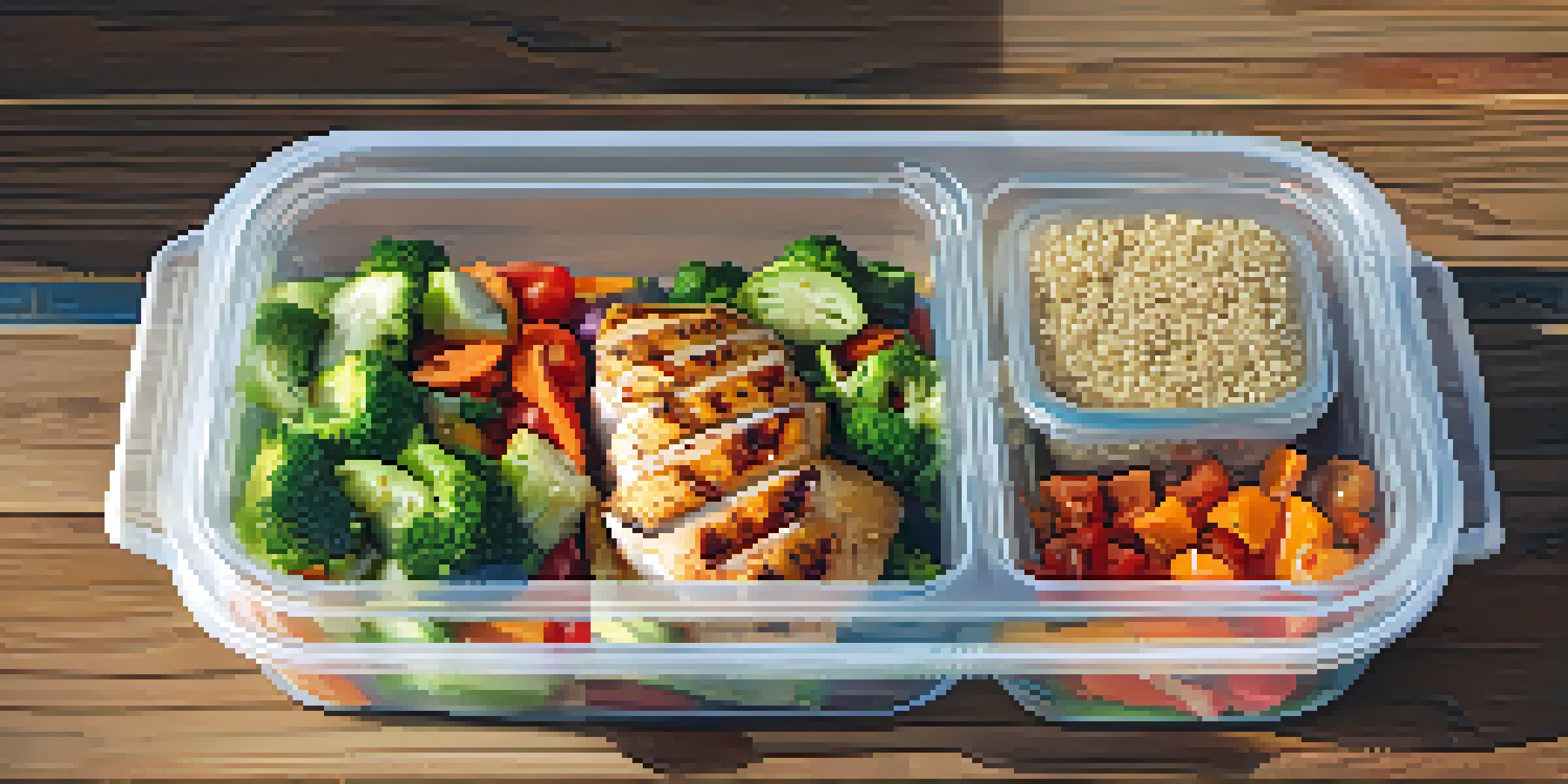 A close-up view of a meal prep container with grilled chicken, quinoa, and colorful vegetables on a wooden table, alongside a smartphone displaying a nutrition tracking app.