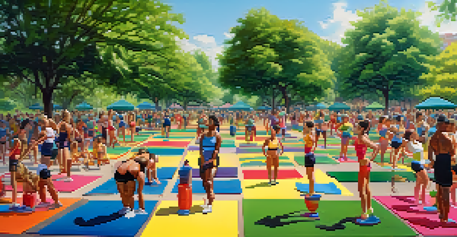 An outdoor bodybuilding class in a park with diverse participants exercising on colorful mats amidst greenery.