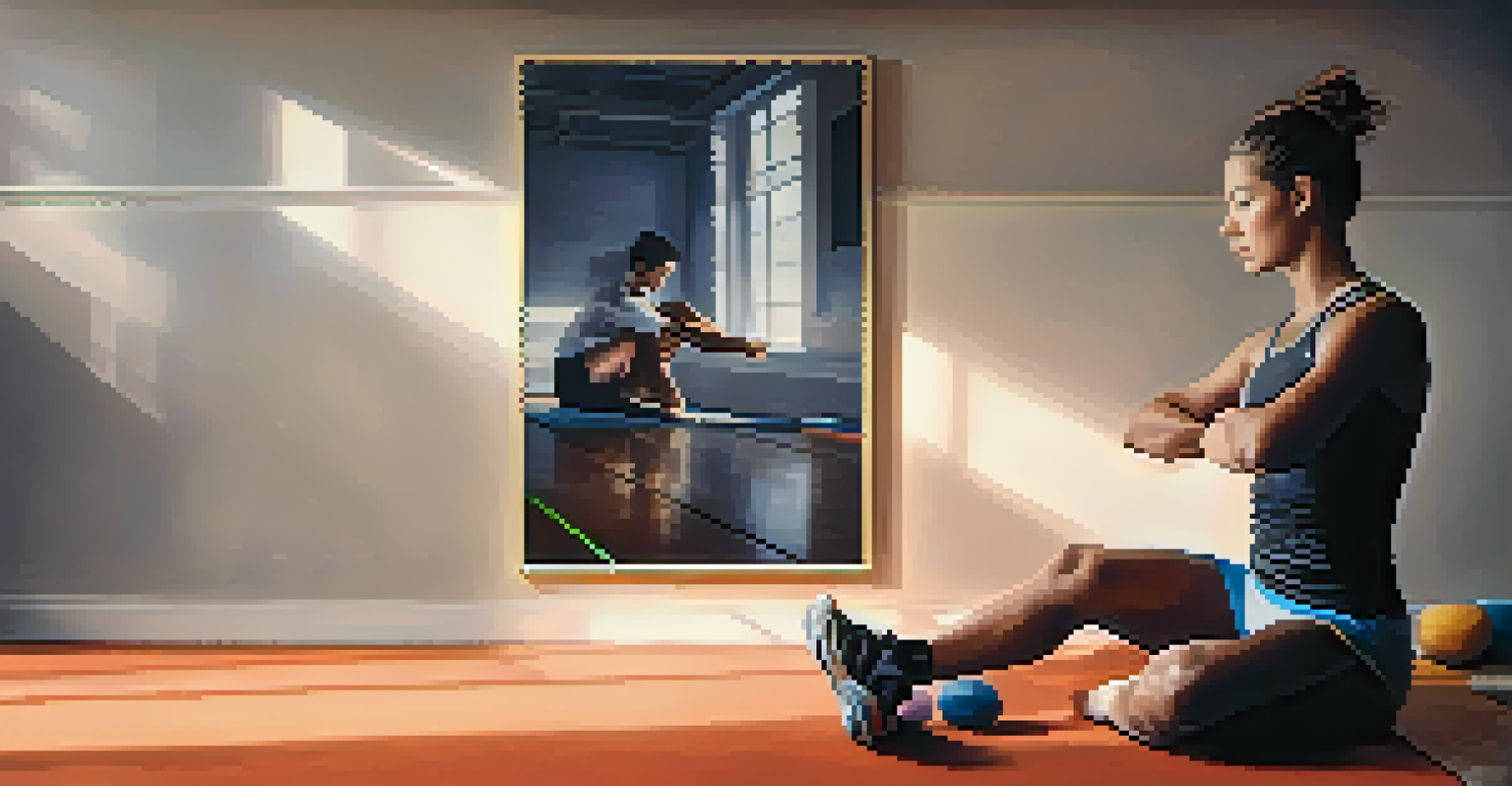 A competitor practicing deep breathing in a quiet space, surrounded by motivational quotes, with a calm and focused expression.