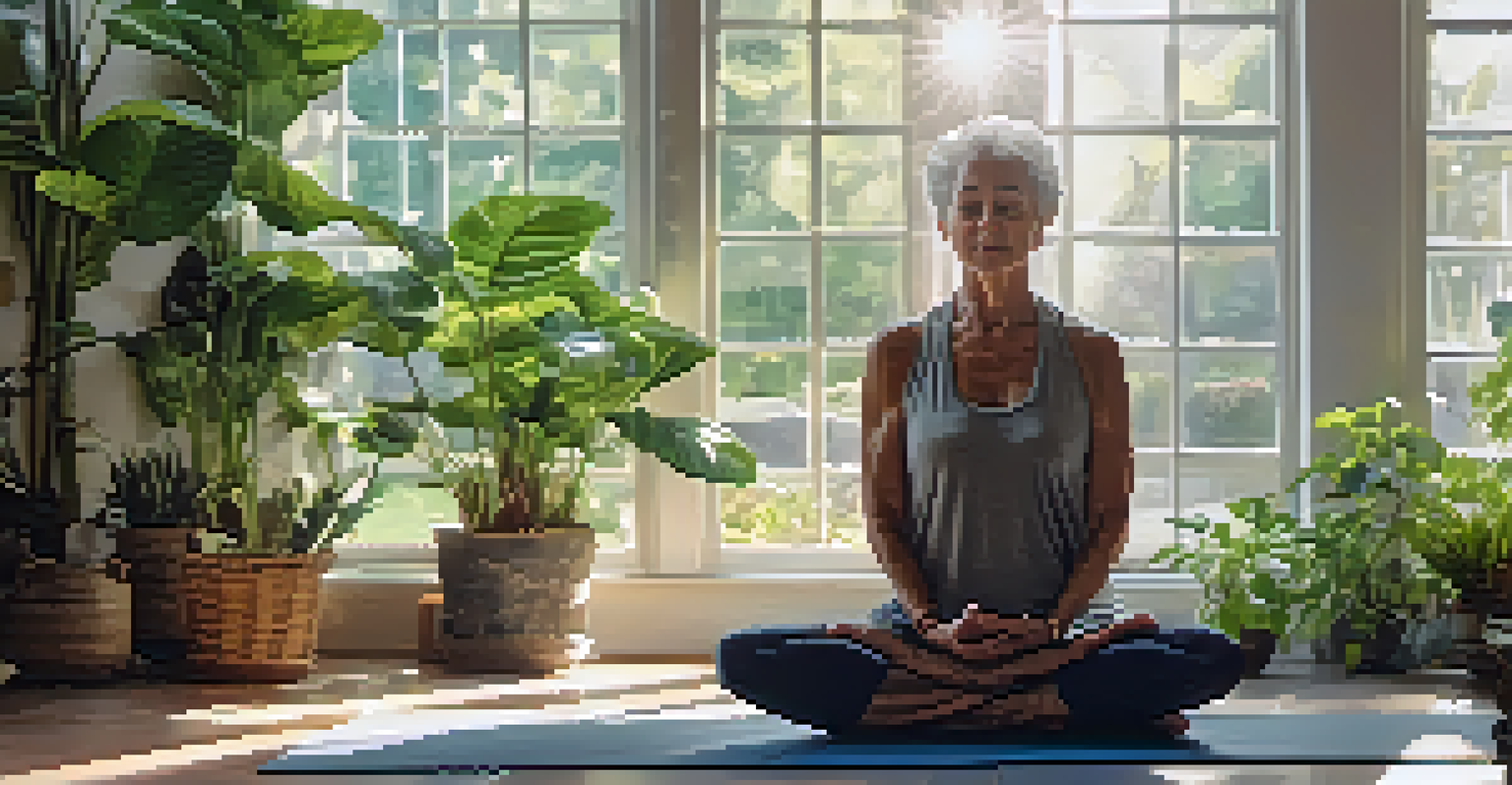 An older adult doing yoga in a bright indoor space, surrounded by greenery, promoting relaxation and recovery.