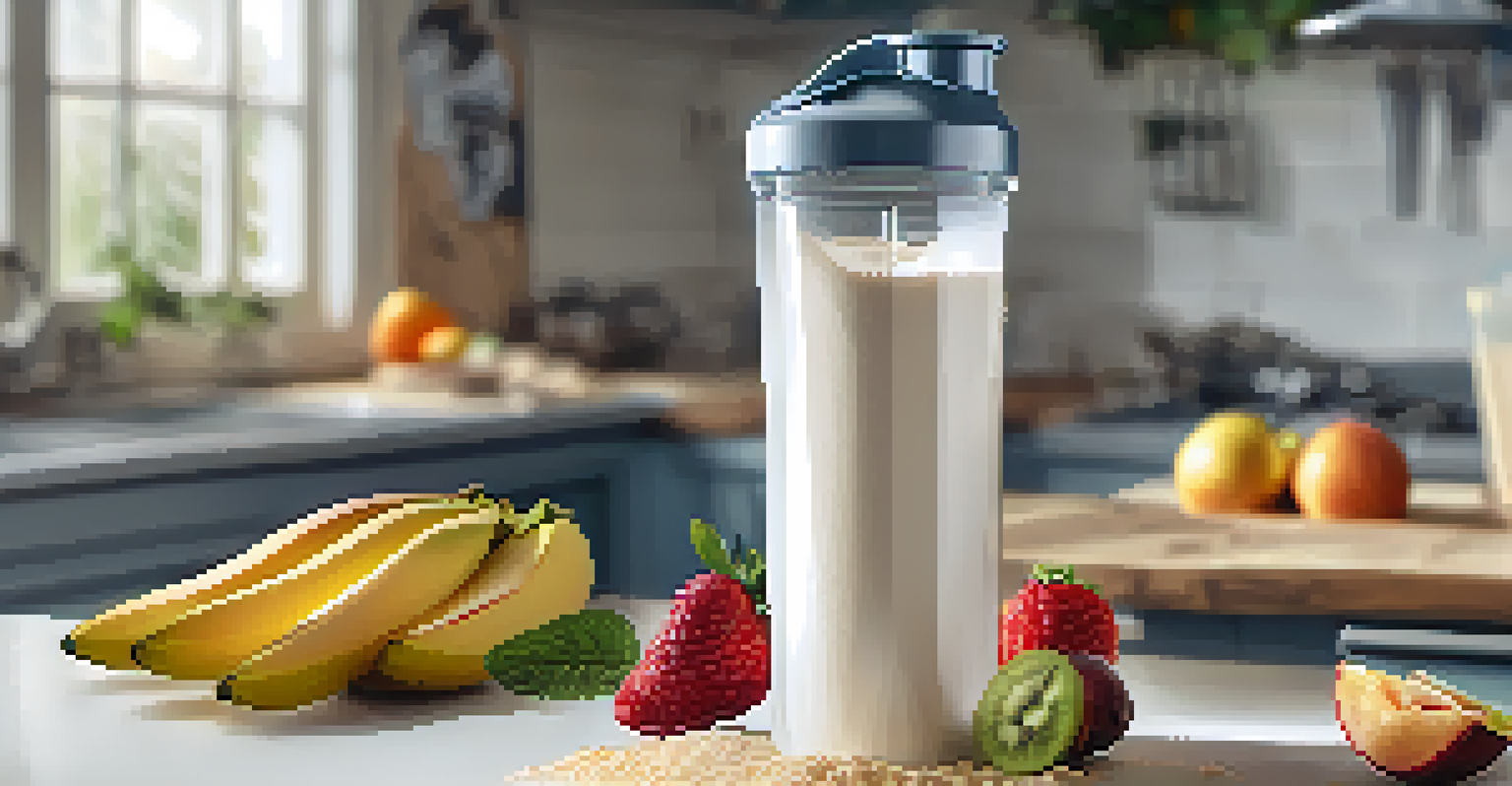A close-up of a hand pouring whey protein powder into a shaker bottle, with fresh fruits and a water bottle in the background.