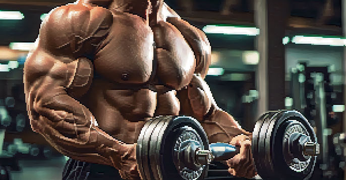 A muscular arm lifting a heavy dumbbell in a gym, with fitness equipment blurred in the background.
