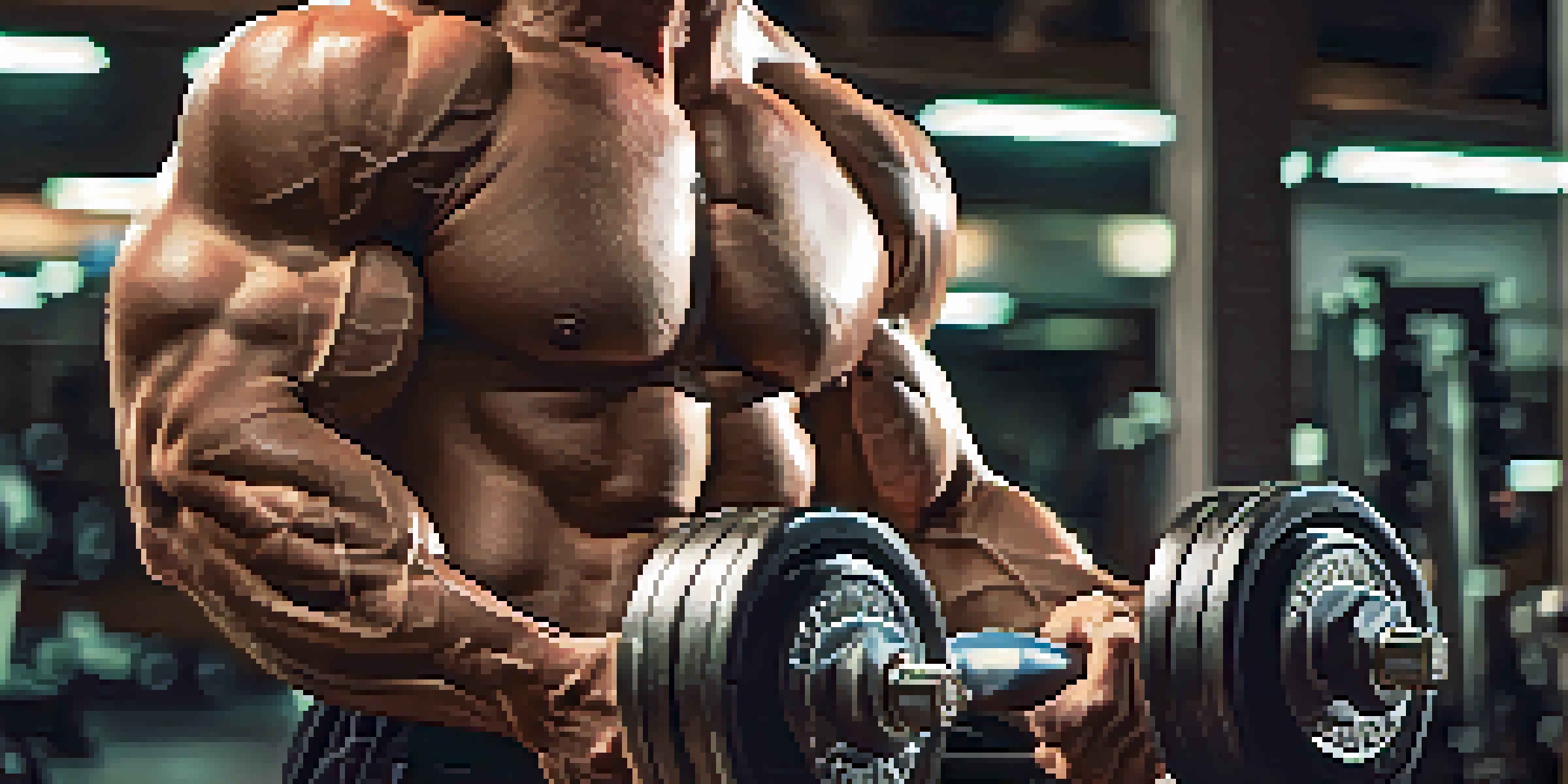 A muscular arm lifting a heavy dumbbell in a gym, with fitness equipment blurred in the background.
