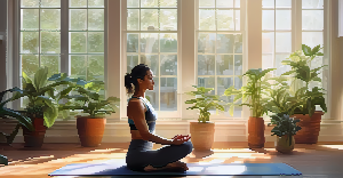 A person practicing yoga in a bright, plant-filled room, radiating calmness and serenity.