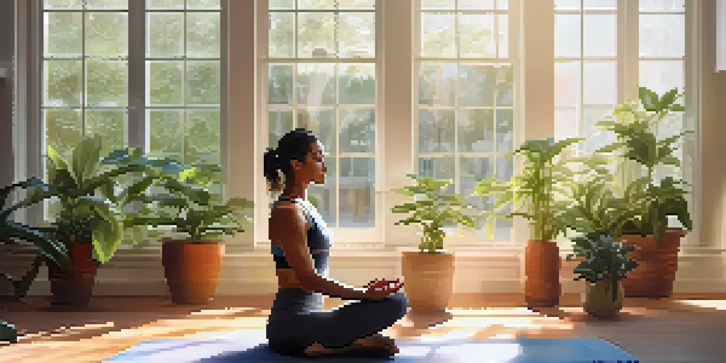 A person practicing yoga in a bright, plant-filled room, radiating calmness and serenity.