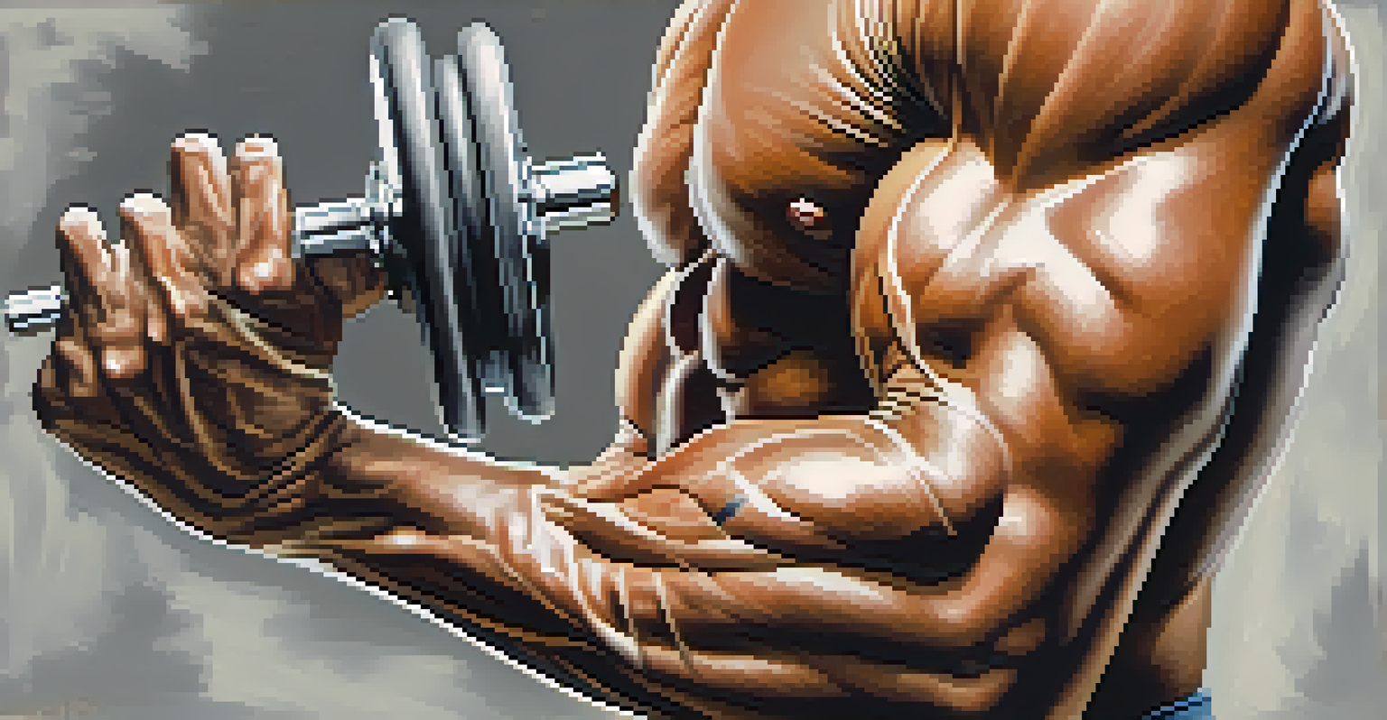 A close-up of a muscular arm lifting a dumbbell, highlighting strength and dedication in a workout setting.