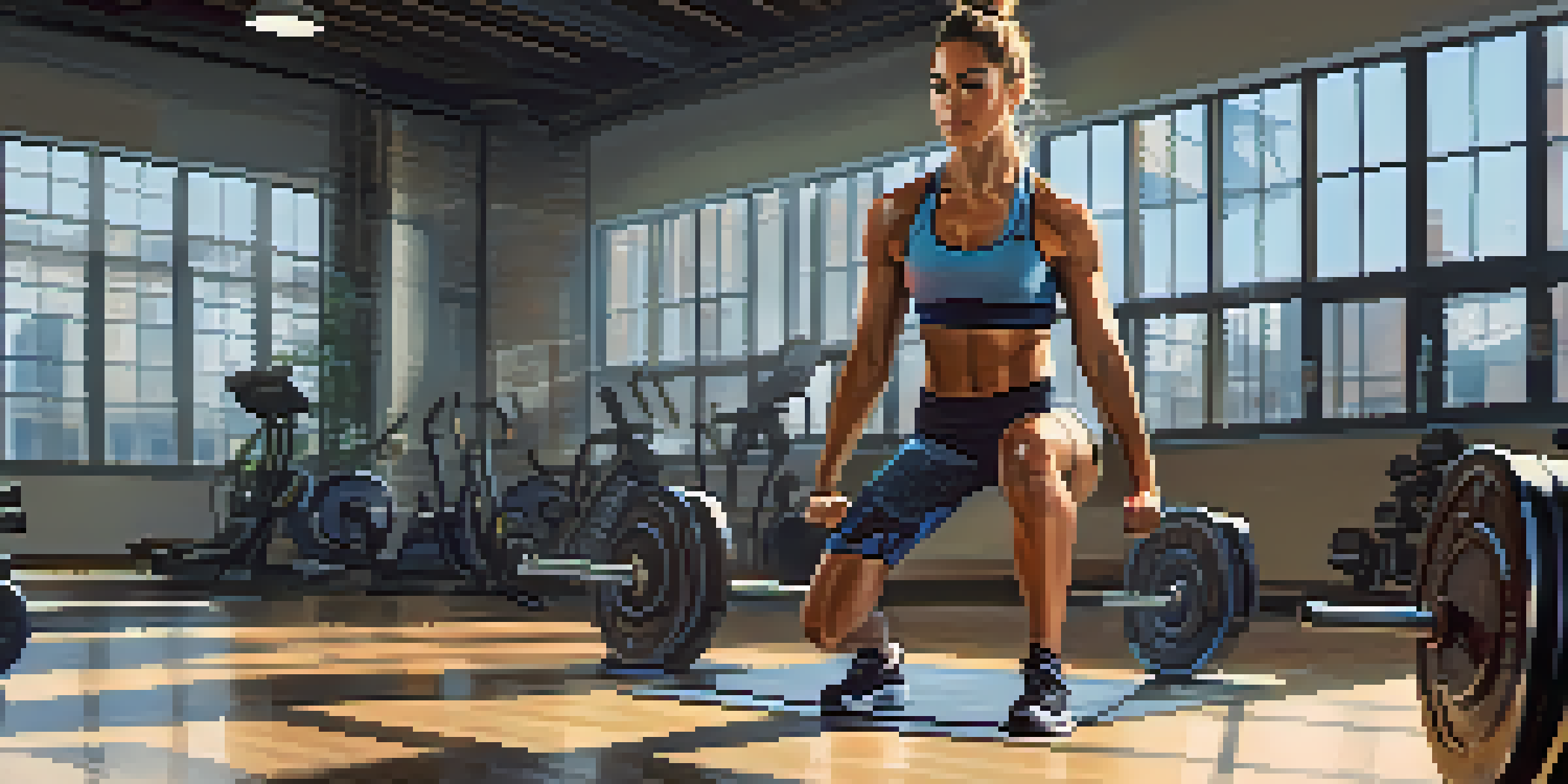 A focused female athlete lifting weights in a bright gym, sunlight streaming through windows.