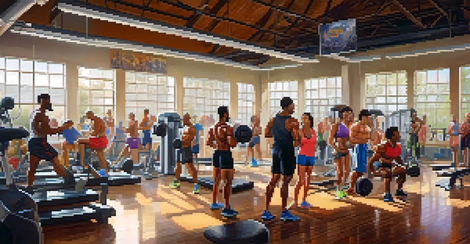 A lively gym with diverse bodybuilders working out, bright natural light, and colorful gym equipment.