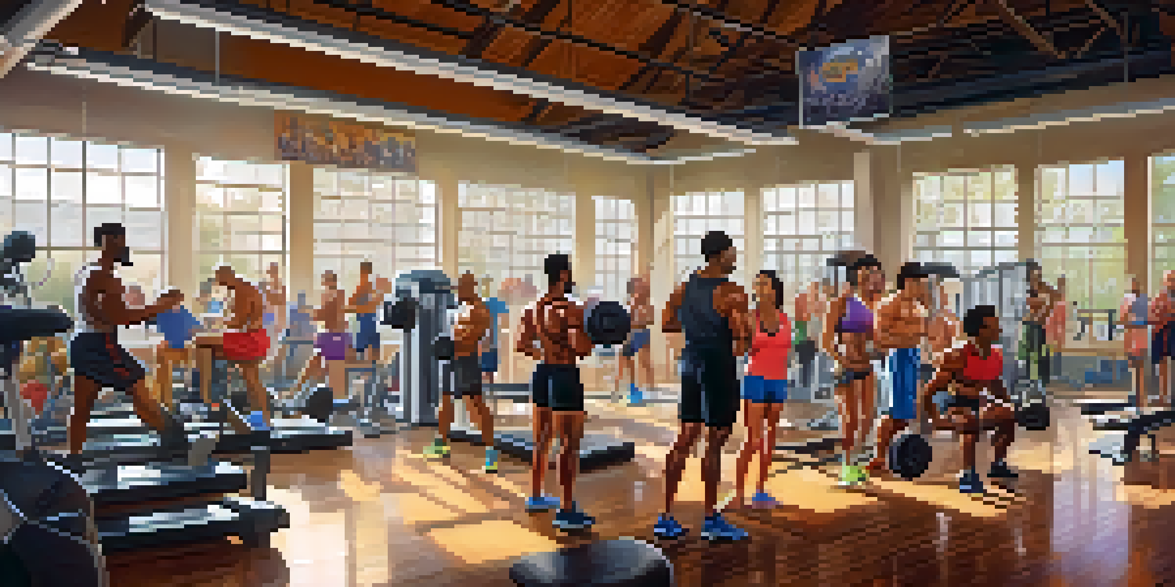 A lively gym with diverse bodybuilders working out, bright natural light, and colorful gym equipment.