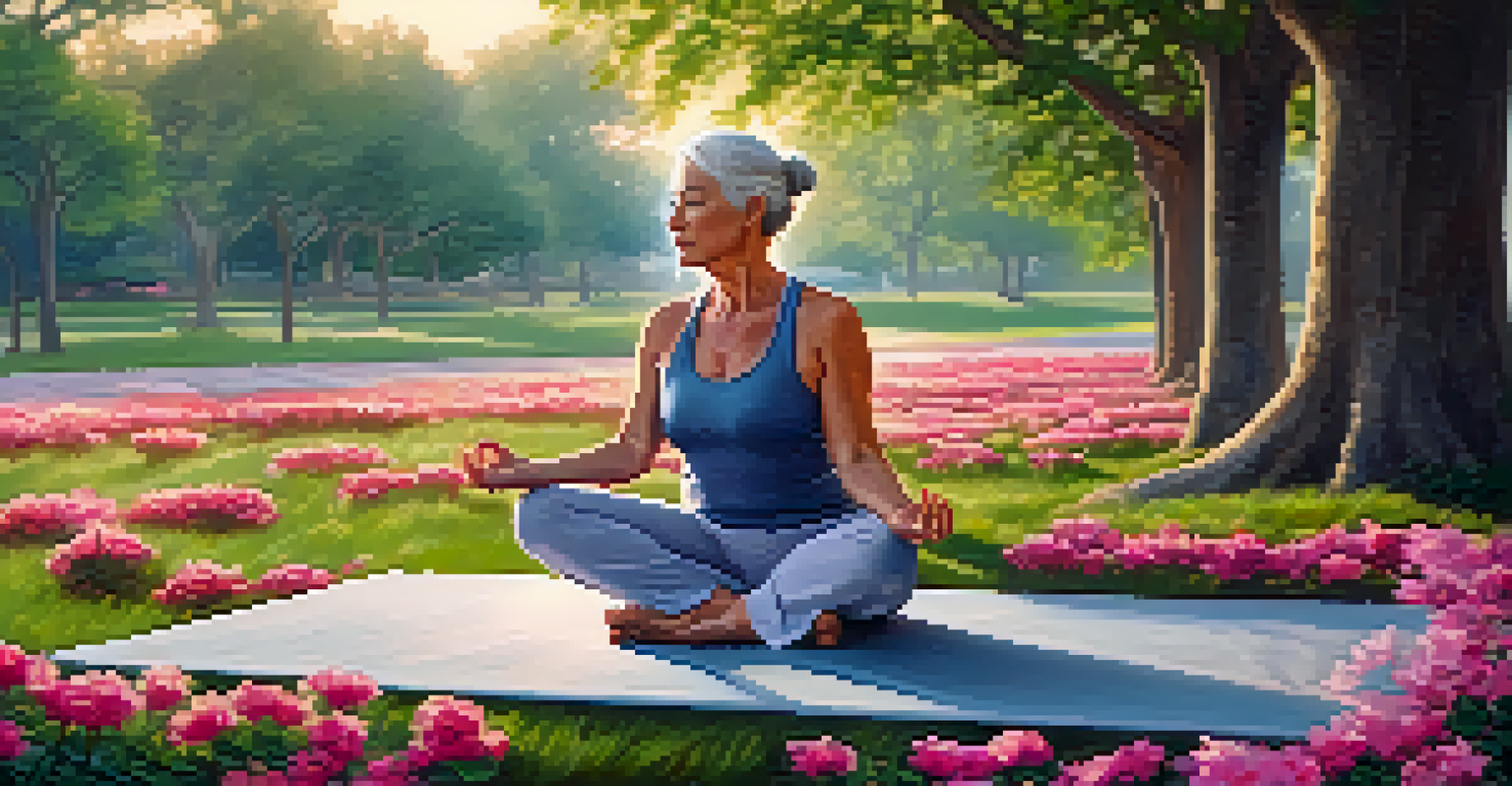 A senior woman practicing yoga in a peaceful park during sunrise, surrounded by greenery and flowers.