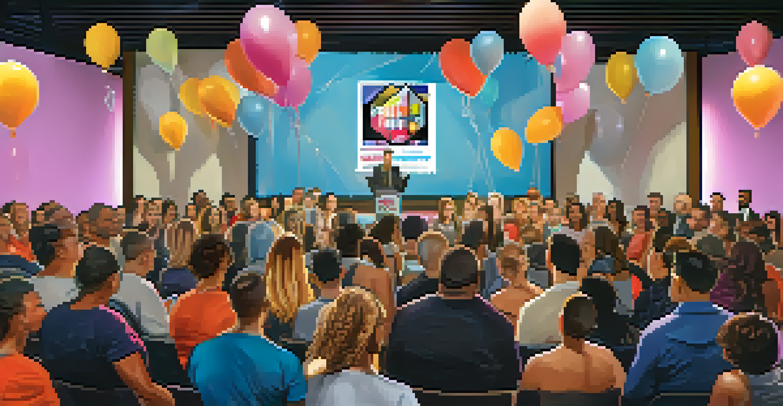 A fitness influencer speaking at a charity event, with an engaged audience in the background.