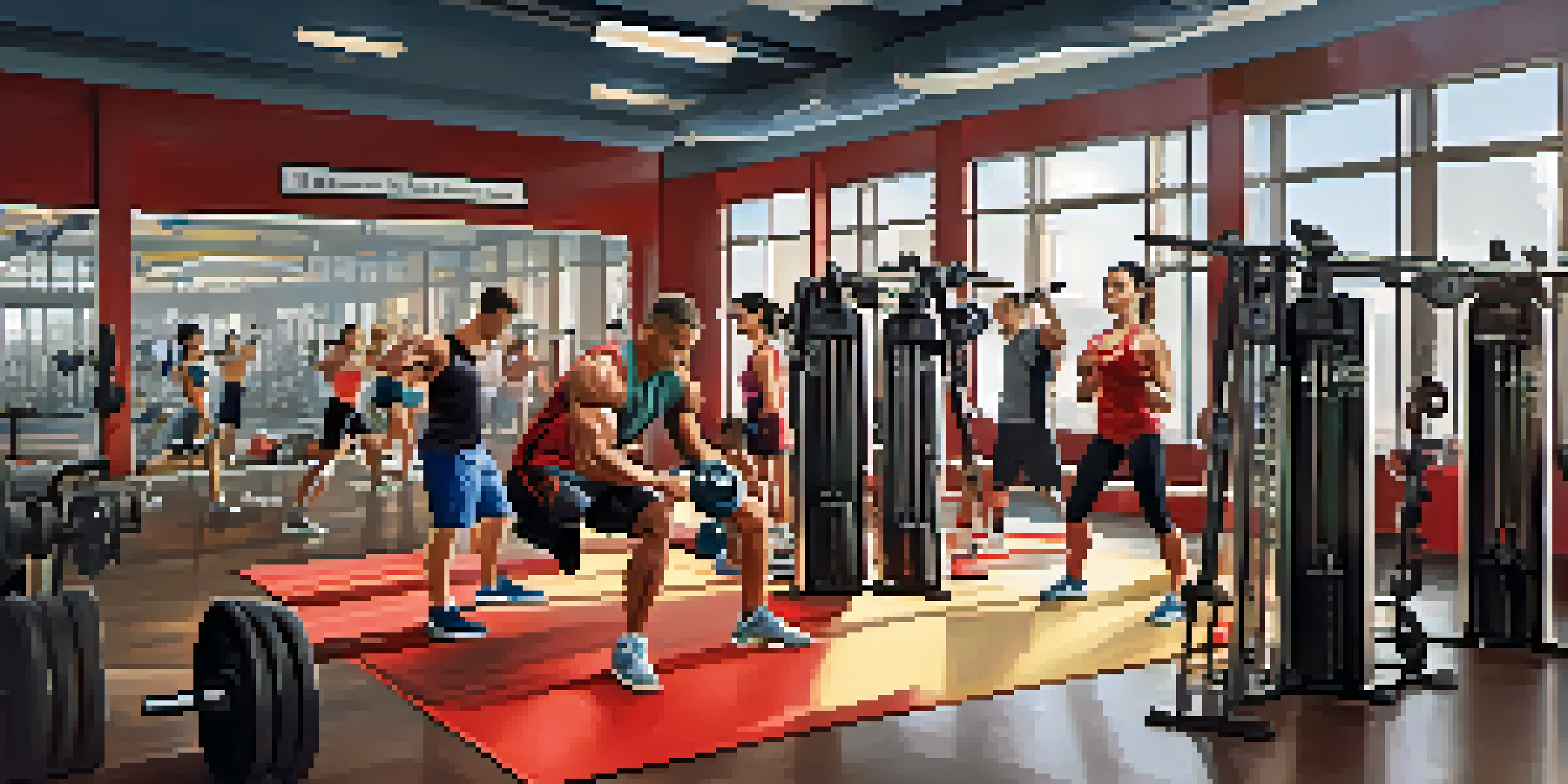 A group of athletes in a bright gym, engaging in strength training exercises with weights and kettlebells.
