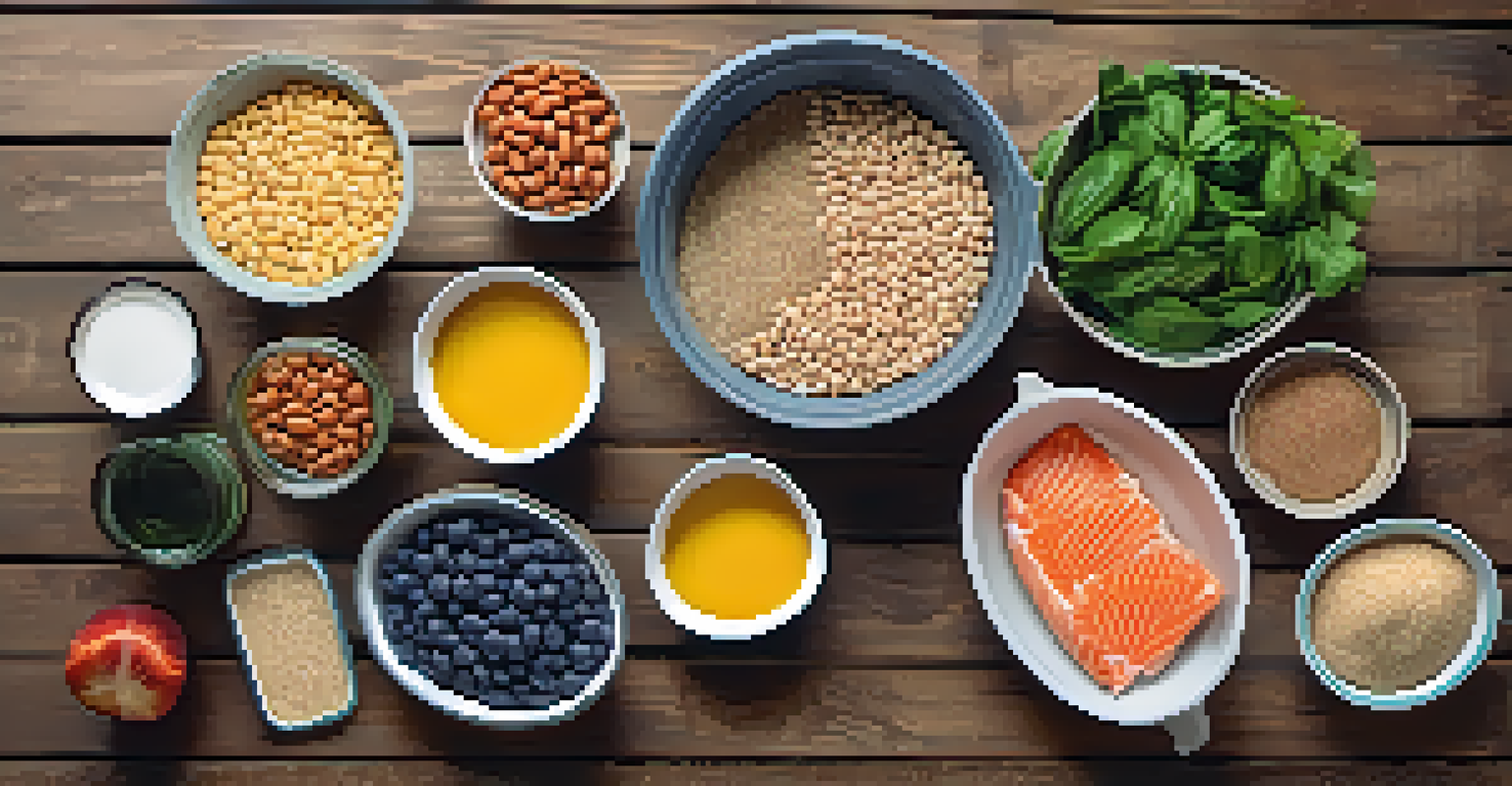 An overhead view of meal prep containers filled with protein, fruits, and grains on a rustic wooden table.