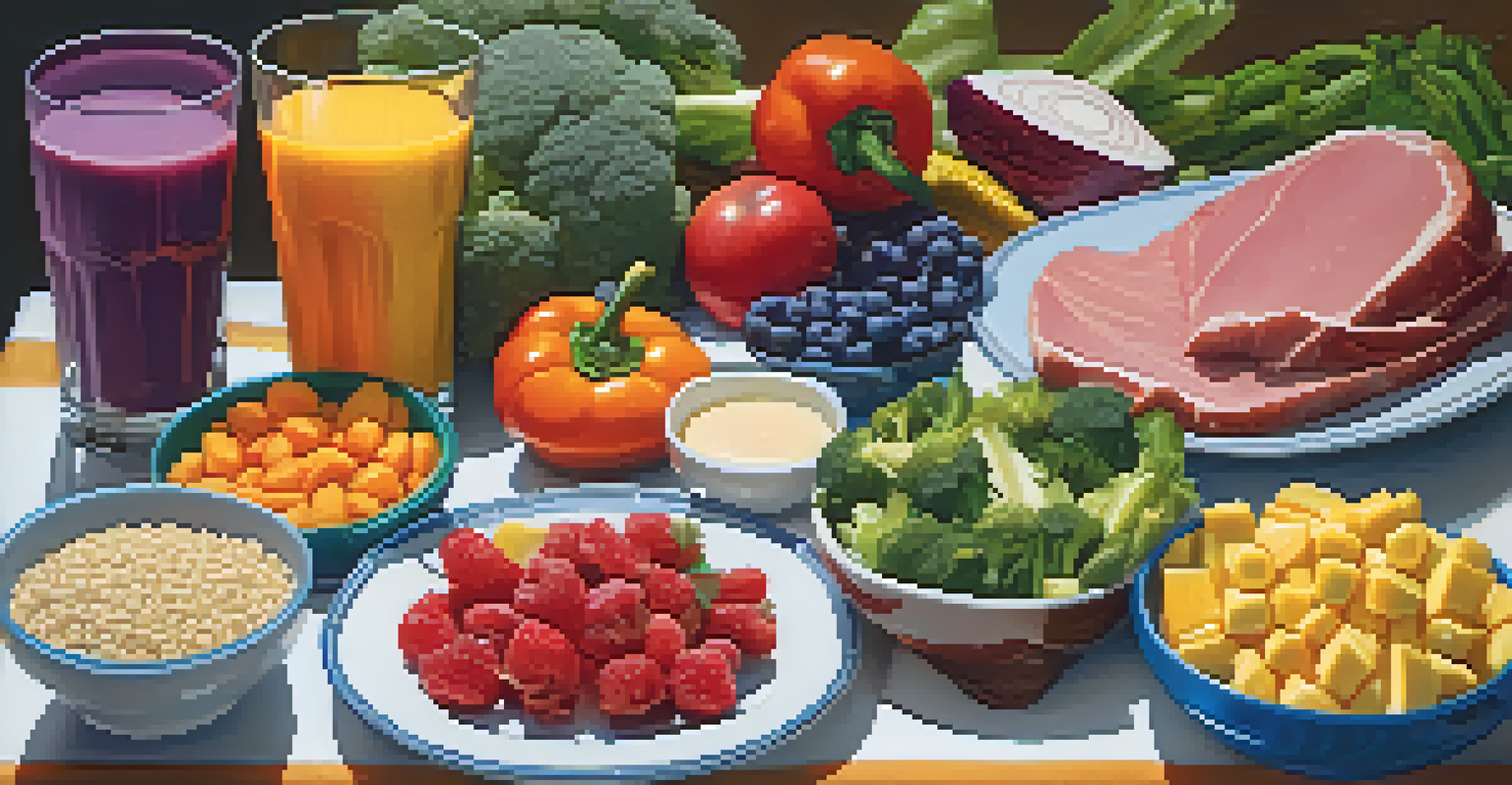 A colorful assortment of healthy foods and a notebook for tracking nutrition, representing a balanced diet for powerbuilding.