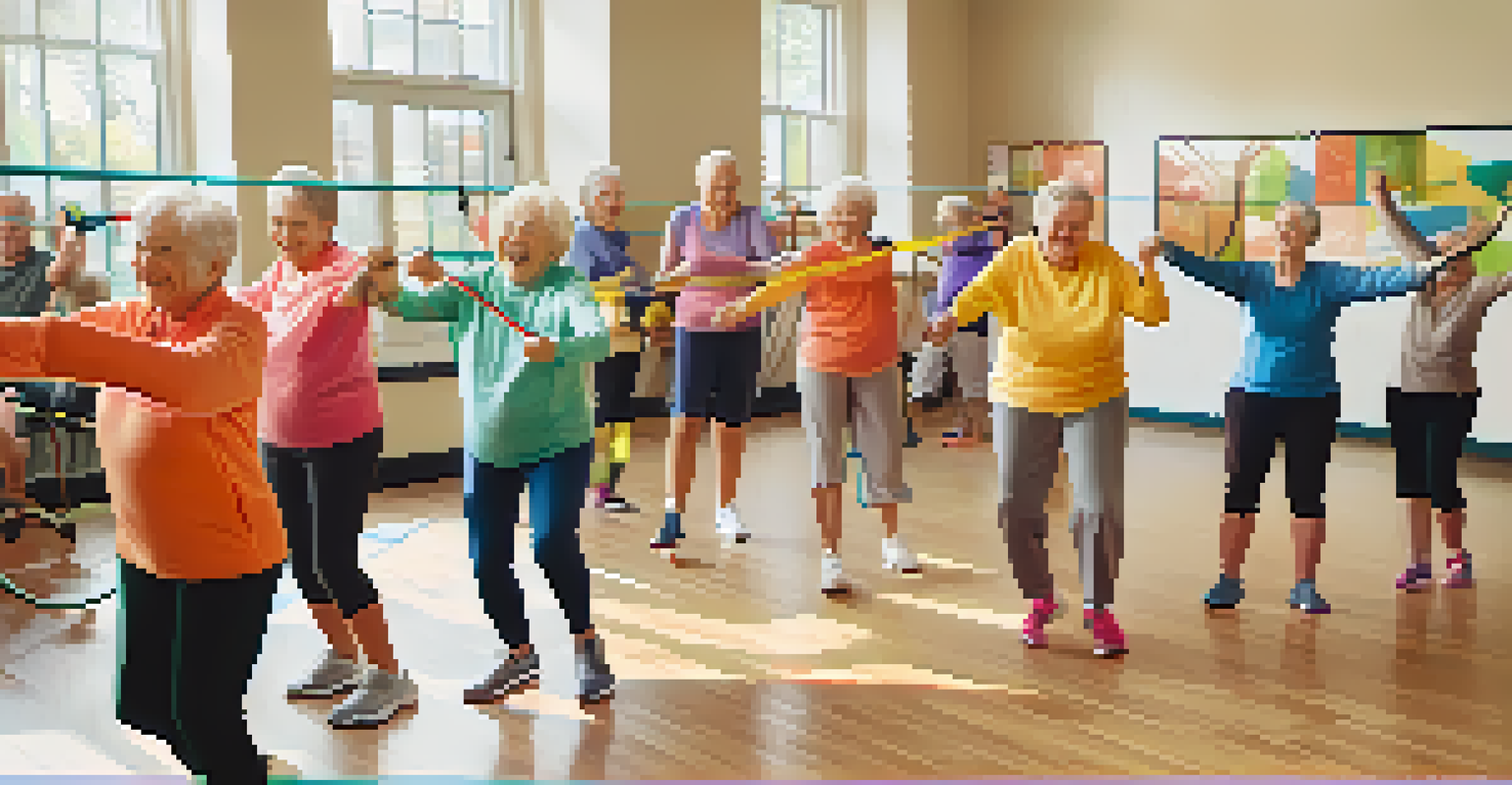A group of seniors participating in a fitness class with resistance bands, smiling and supporting each other.