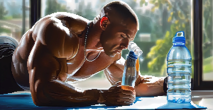 A muscular bodybuilder drinking water from a transparent bottle in a gym, with exercise equipment in the background and natural light illuminating the scene.