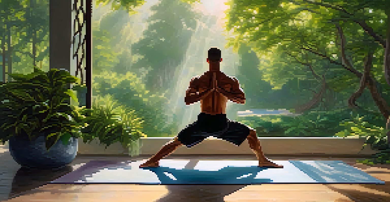 A bodybuilder practicing yoga outdoors, surrounded by nature for relaxation and recovery.