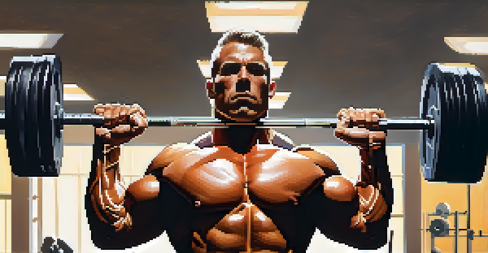 A bodybuilder with defined muscles lifting weights in a gym, surrounded by gym equipment and bright lights.