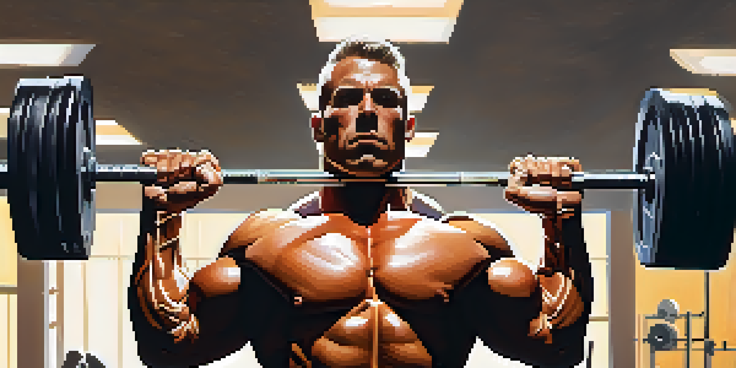 A bodybuilder with defined muscles lifting weights in a gym, surrounded by gym equipment and bright lights.