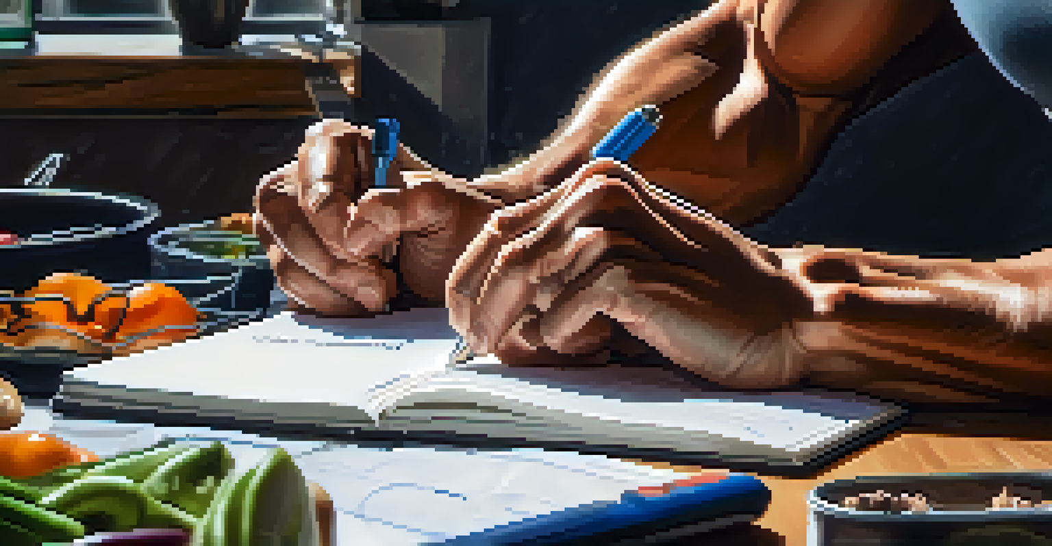 A close-up of a bodybuilder's hands writing dietary goals in a notebook, with a backdrop of an organized meal prep area filled with healthy food containers.