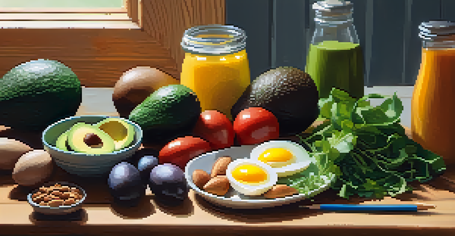 A healthy meal prep scene with colorful foods on a wooden counter, including eggs, avocados, and leafy greens.