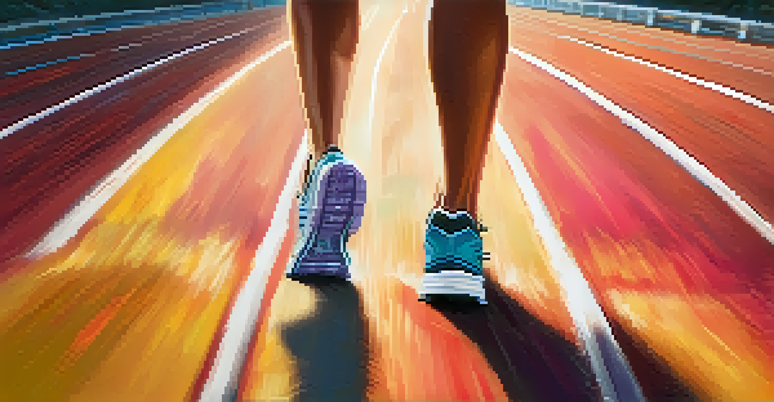 A close-up of running shoes on a track, with a fitness watch in focus and a person warming up in the background.