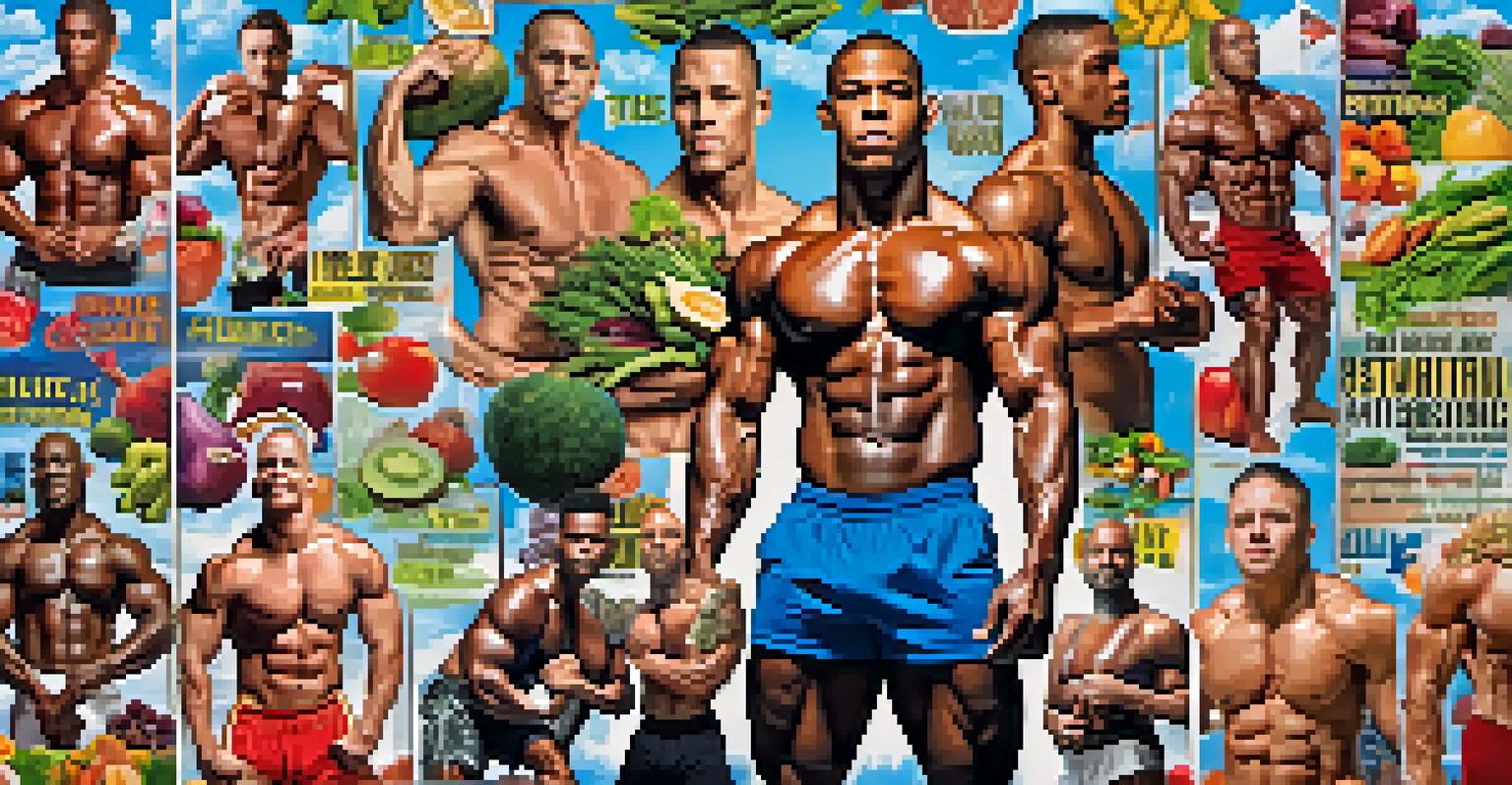 A collage of portraits of successful vegan bodybuilders with motivational quotes and colorful graphics of fruits and vegetables.