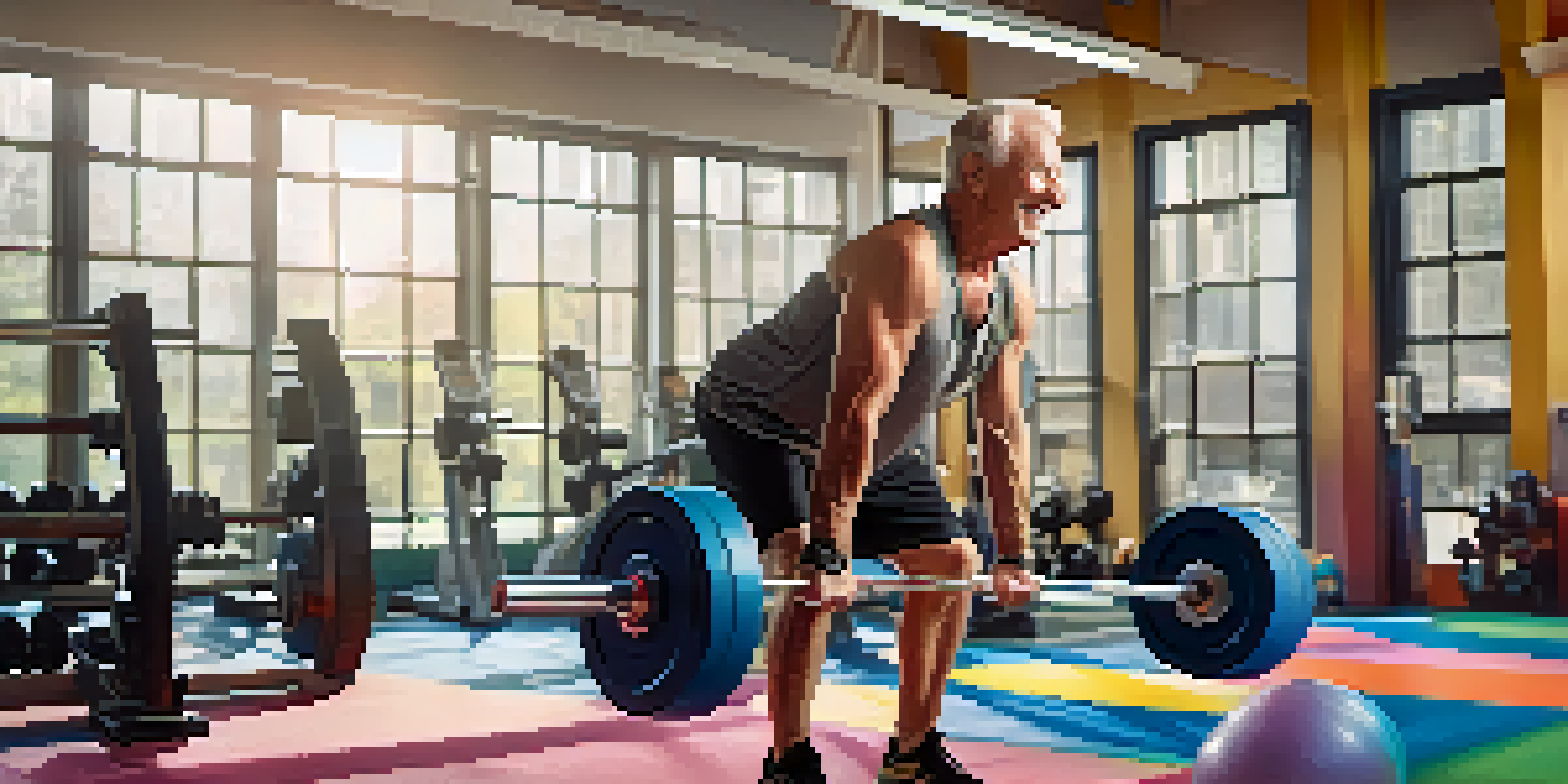 A senior man lifting light weights in a gym, looking happy and motivated, with bright sunlight illuminating the space.
