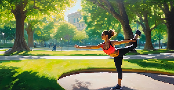 A person doing dynamic stretches in a sunny park, surrounded by greenery and flowers.