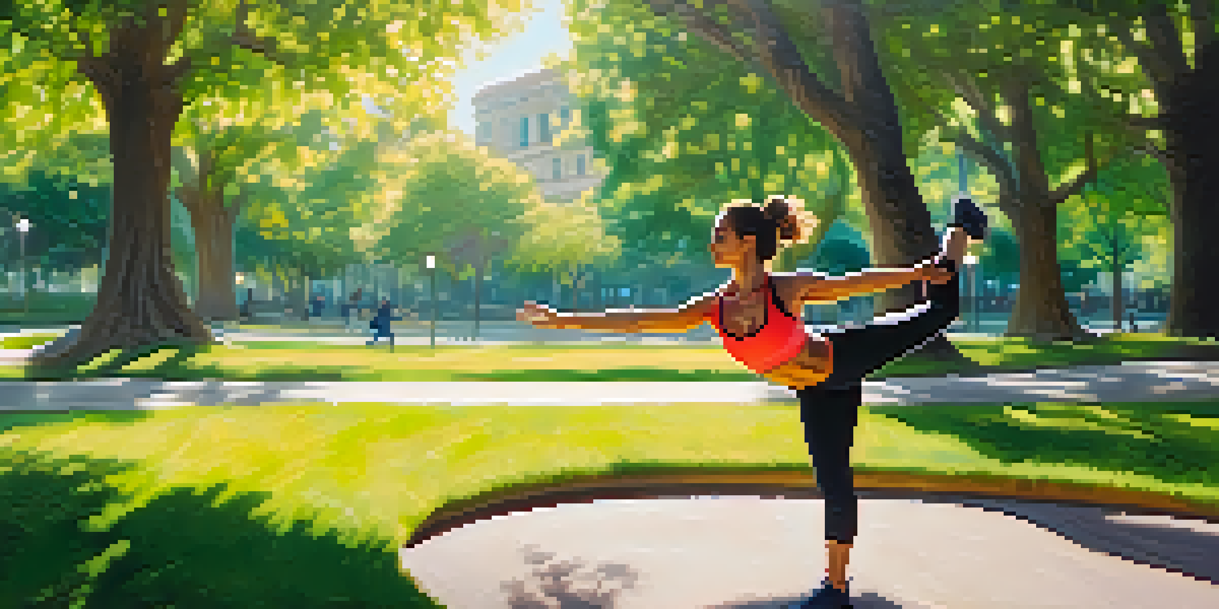 A person doing dynamic stretches in a sunny park, surrounded by greenery and flowers.