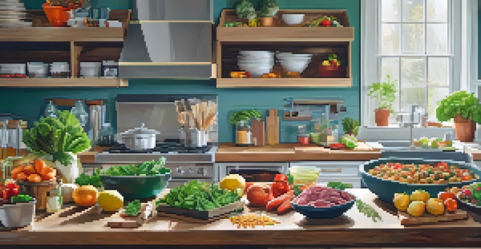 A kitchen with fresh ingredients for meal prep, showcasing colorful vegetables, lean meats, and grains under soft natural light.
