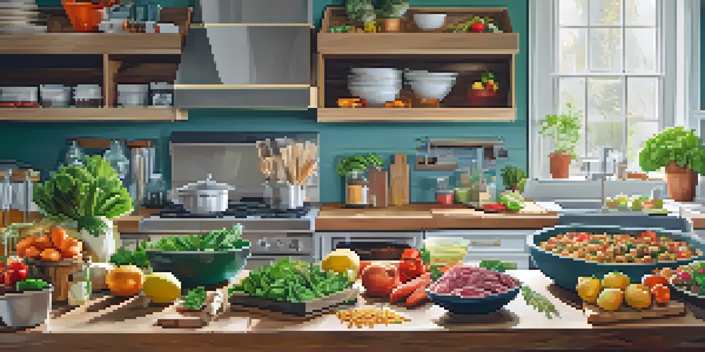 A kitchen with fresh ingredients for meal prep, showcasing colorful vegetables, lean meats, and grains under soft natural light.