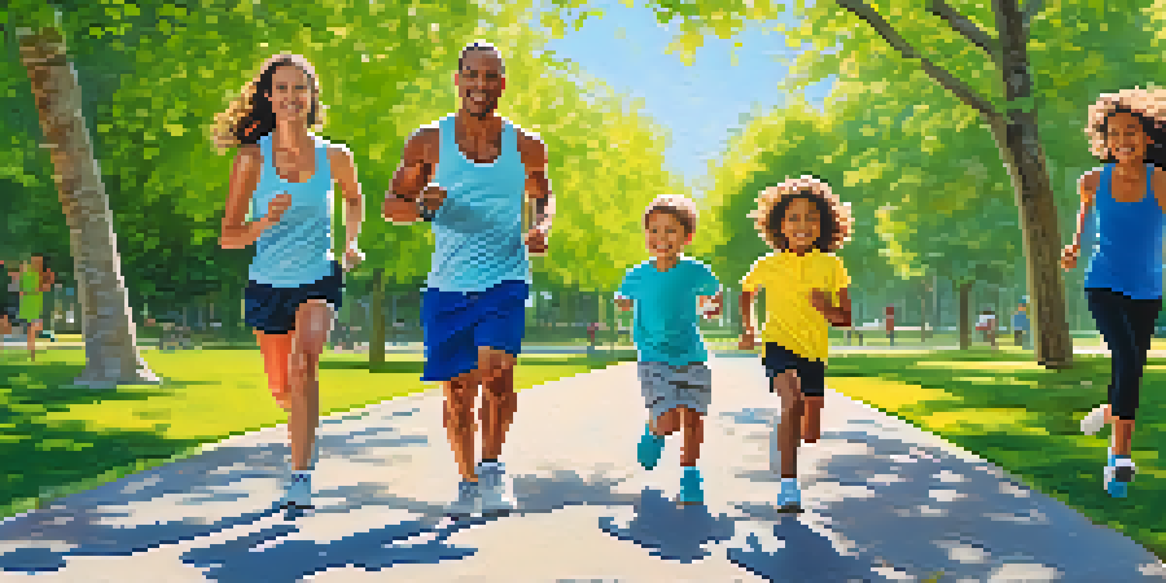A diverse family exercising together in a park, with parents jogging and children playing tag, surrounded by green trees and a blue sky.