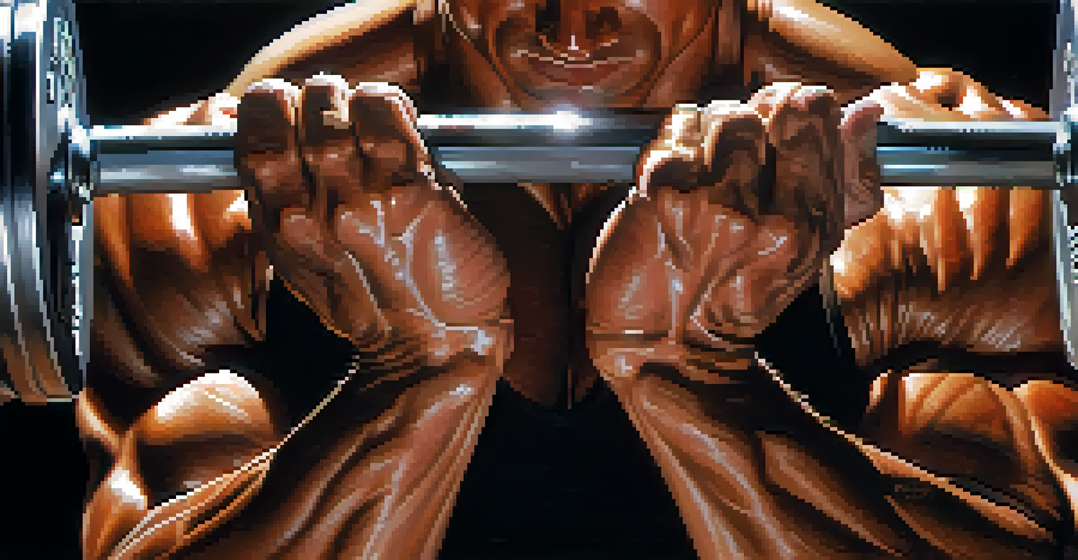 A close-up of a bodybuilder's hands gripping a barbell, highlighting the texture and details of the skin and weights.
