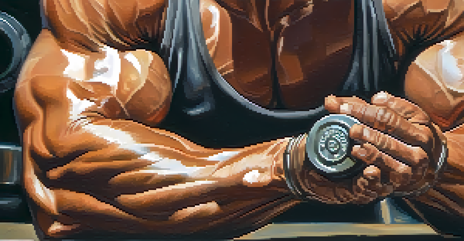 Close-up of a bodybuilder's hands gripping a weight, with sweat and warm light emphasizing the textures.