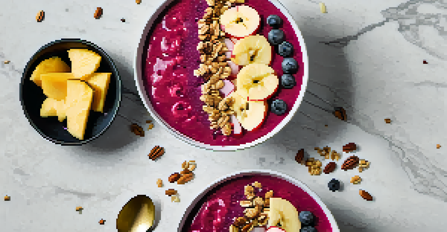 A smoothie bowl featuring beetroot juice, decorated with sliced fruits and granola, set on a marble countertop.