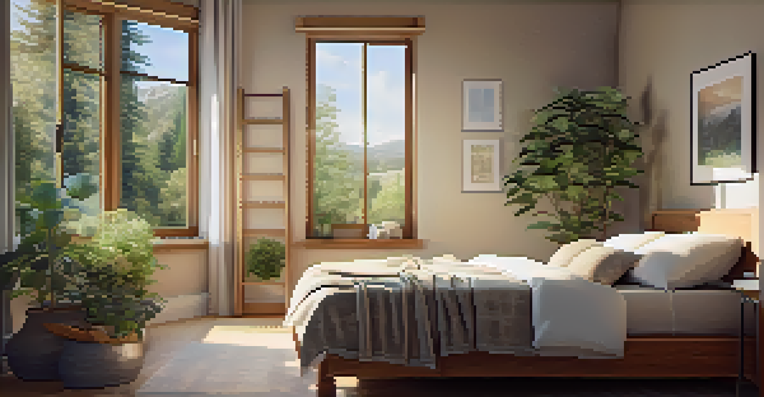 A cozy bedroom with soft lighting, a comfortable bed, and a view of nature from the window, promoting relaxation.