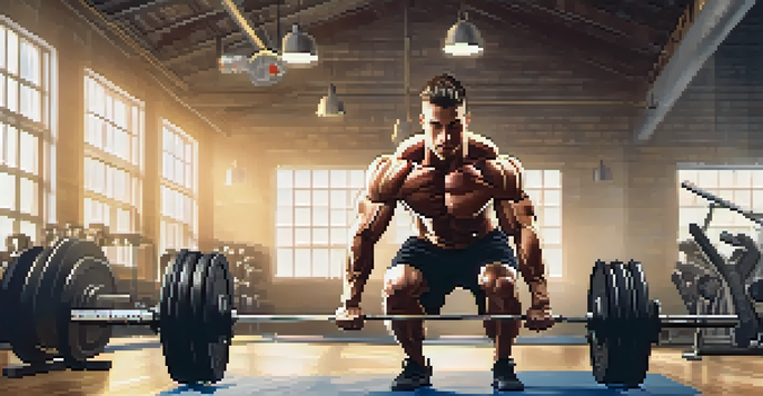 A bodybuilder lifting weights in a gym, highlighting their strong physique with a blurred background.