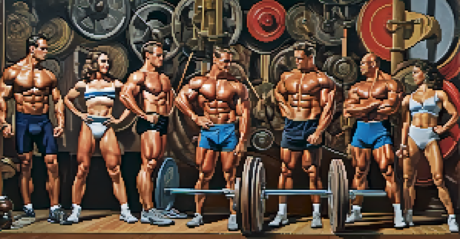 A historical montage of 19th-century bodybuilding featuring male and female athletes in various physical activities against a backdrop of vintage fitness equipment.
