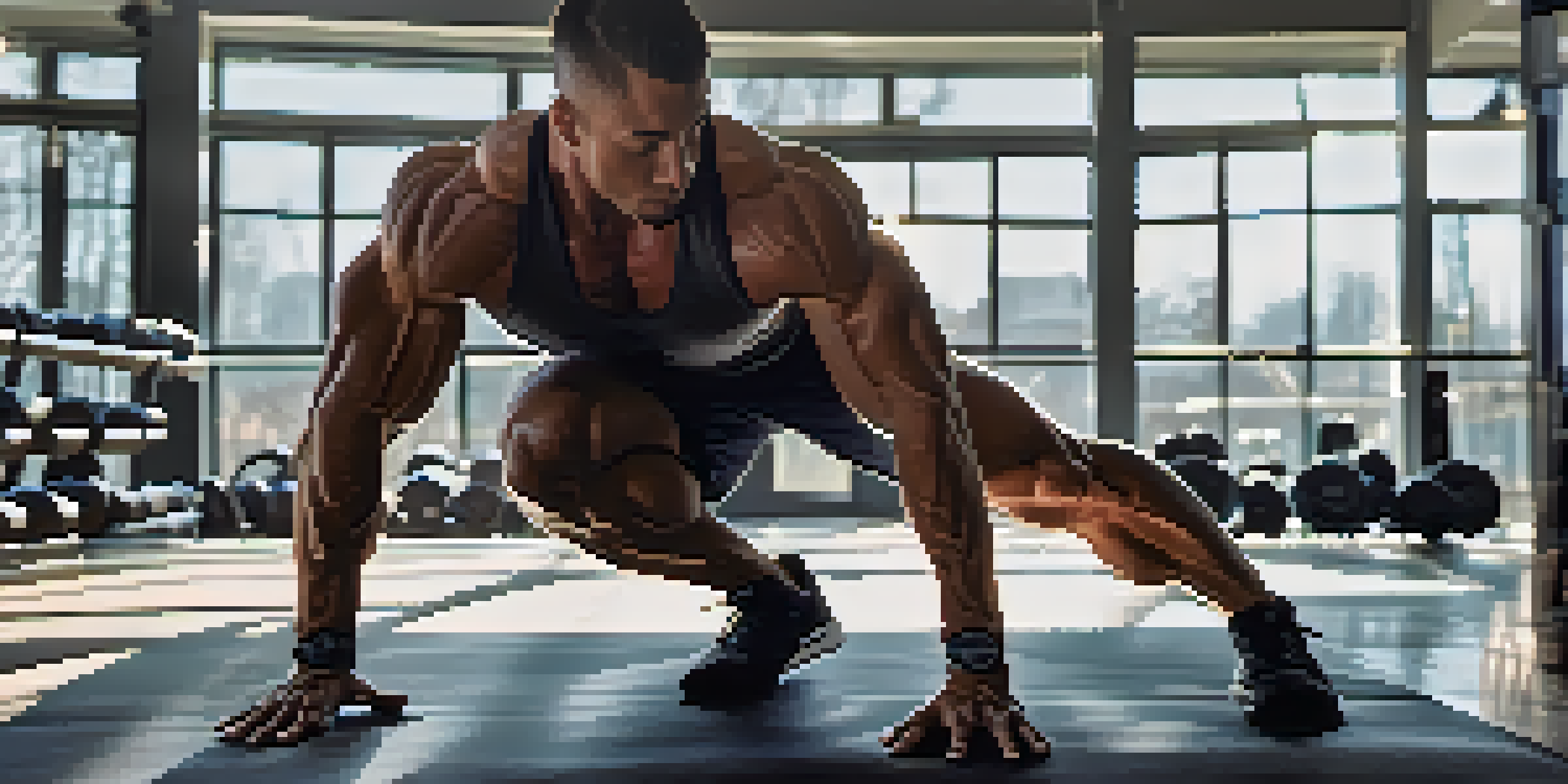 A bodybuilder demonstrating a deep squat in a gym, emphasizing their flexibility and strength.