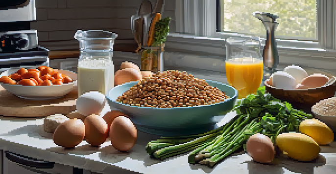 A kitchen countertop displaying various healthy post-workout protein sources like grilled chicken, eggs, lentils, and protein powder alongside fresh vegetables and fruits in a well-lit setting.